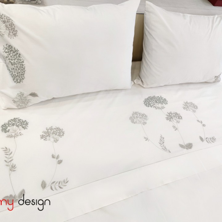 Queen size bed sheet with 2 pillowcases (50x70cm) - hydrangea flower embroidery-TMD080504